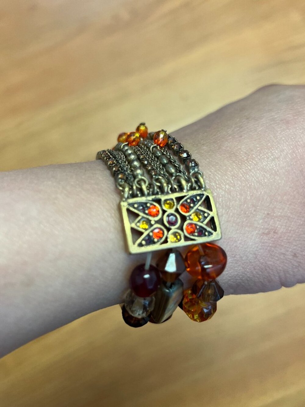 Gold & Amber Statement Slip-On Bracelet faux bead bronze chain earthy amber glow